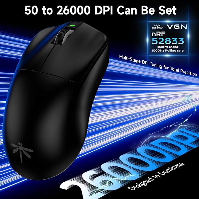 VGN F1 Pro Max Wireless Gaming Mouse - 55g Ultralight - 26000 Adjustable DPI - 1000Hz Polling Rate - 200h Battery - Wireless & Wired Mode - 6 Programmable Buttons - Professional Grade - USB-C - Black