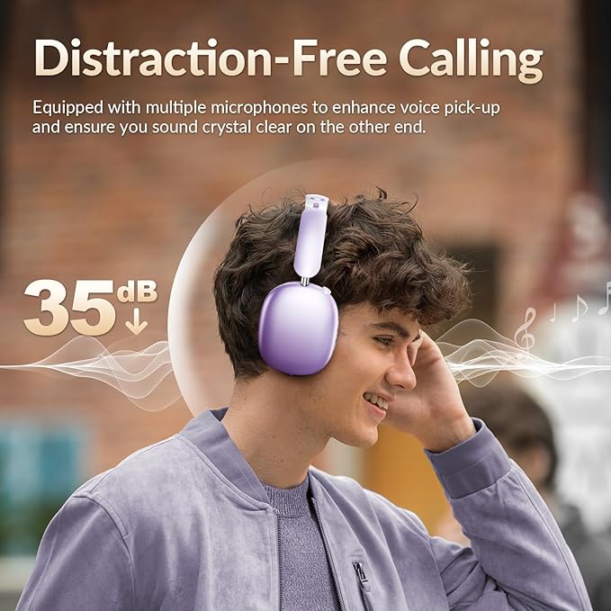 Y02 Active Noise Cancelling Headphones,60H Battery,5 EQ Music Modes,Hi-Res Audio,Deep Bass,Foldable Wireless Over Ear Bluetooth 5.4 Headset,Breathable Leather Earpads (Purple)
