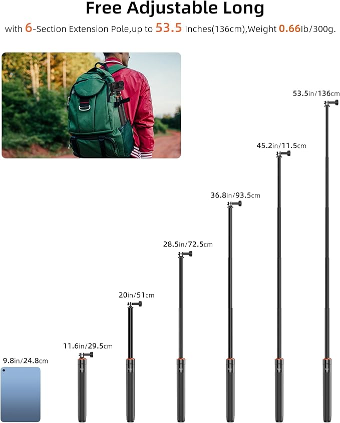 53.5" Osmo Action Selfie Stick Tripod for DJI Osmo Action 5 Pro, Osmo Action 4, Osmo Action 3, Osmo Nano - Extendable Travel Vlog Stand for DJI Osmo 360, DJI Osmo Pocket 3 - Osmo Action Accessories