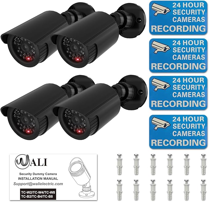 WALI Dummy Fake Simulated Surveillance Security CCTV Dome Camera Indoor Outdoor with One LED Light, Warning Security Alert Sticker Decal (TC-B4), 4 Packs, Black