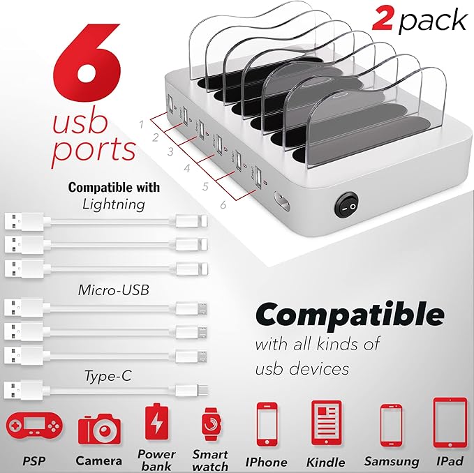 USB Charging Dock - 6-Port (2 Pack) - Fast Charging Station for Multiple Devices Apple - Multi Device Charger Station - Compatible with Apple iPad iPhone and Android Cell Phone and Tablet