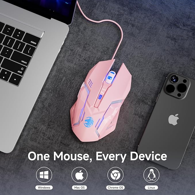 EWEADN G3 Wired Gaming Mouse, 2400 DPI Wired Optical Mouse with 6 Programmable Macro Buttons, Metal Base, 4-Color Breathing Light for PC/Laptop/Windows-Pink