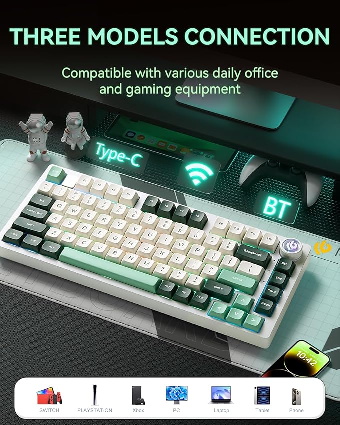 HI75C Pro Gaming Keyboard, RGB Backlit Bluetooth/USB-C/Wireless Mechanical Keyboard, Hot Swappable Creamy Keyboards for PC/MAC/Windows Gamer - Ice Vein Switch, Green
