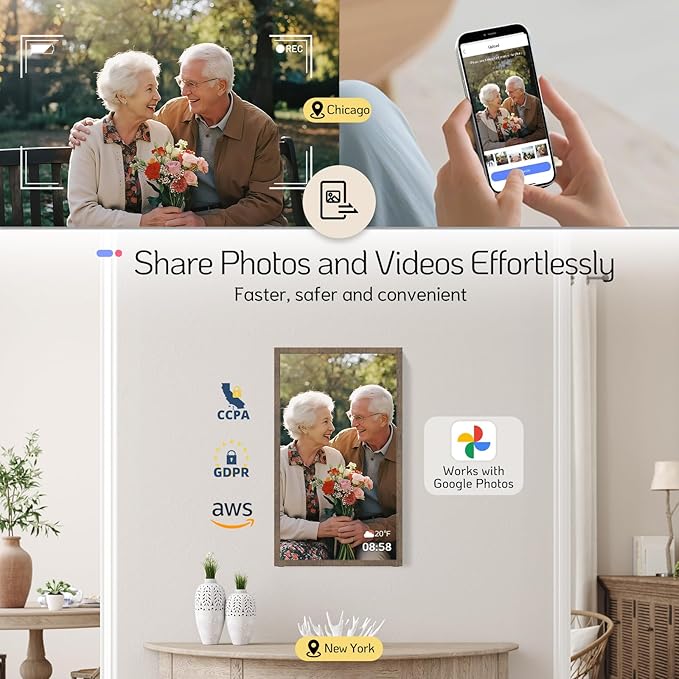 NexFoto Digital Photo Frame 21.5 Inch Touchscreen, 64GB Large Digital Picture Frame FHD 1920 * 1080, Add Photos from Google Photos, Upload Videos Instantly, for Housewarming, Dark Wood