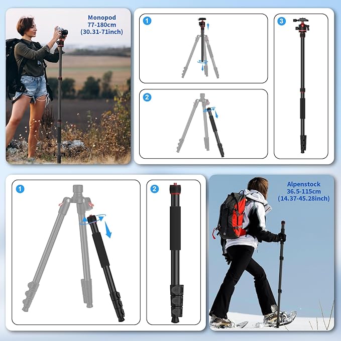 XXZU 74" Camera Tripod for DSLR/Monopod,360°Ball Head,Quick Release Plate,Phone Holder,Aluminum Lightweight Compact Travel Tripod Stand,Camera Tripod Compatible with DSLR/Phone,Max Load 10KG/22.05LB