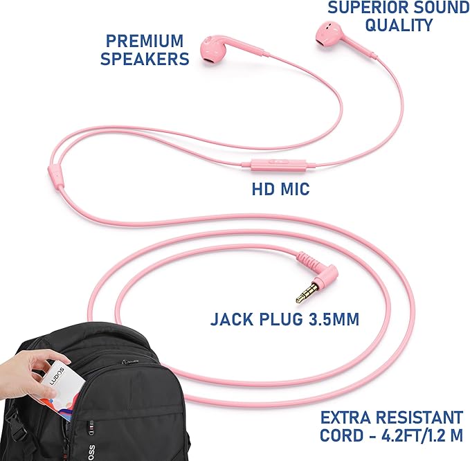 LUDOS ZENITH Wired Earbuds in-Ear Headphones, 2 Years Warranty, Earphones with Microphone, Corded for 3.5mm Jack Ear Buds for iPhone, Samsung, Computer, Laptop, Kids, School Students, Small Ear - Pink