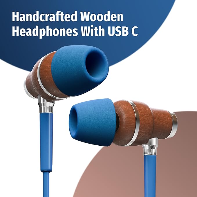 Symphonized Premium Wooden iPhone Earphones Wired (USB C) Deep Bass Sound, 3D Sound, Microphone Volume Control, 90% Noise Cancelling for Type C Devices. Earphones for iPhone 15 to 17 & Android