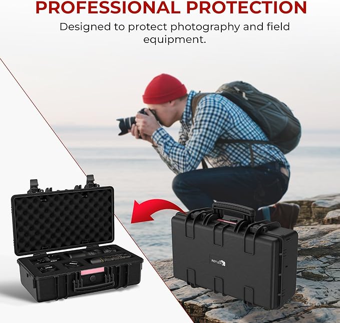 REFLEX CAMERA Hard Portable Waterproof IP67 Case with Customisable Foam Inserts for Maximum Protection ideal for Drones, Camera, Lens, Guns & Tools 21.7” x 13.6” x 7.8” Dust, Impact & Shock Resistant