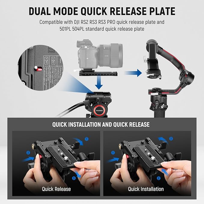 NEEWER Video Camera Tripod Fluid Head, Heavy Duty Lightweight Compact Portable Travel Stand for DSLR Camcorder Compatible with DJI Gimbals Compatible with Manfrotto QR Plates, Max Load 13.2 lbs, TP73