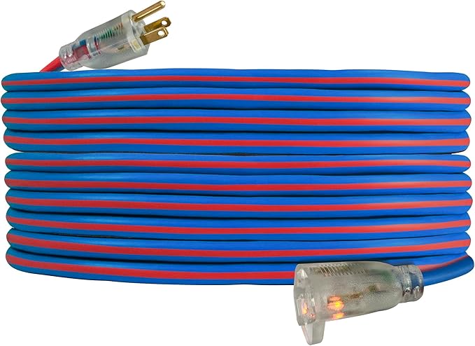14/3 Gauge x 50-Foot Extreme Cold Weather Extension Cord – Heavy-Duty, 221°F to - 94°F Rating, Lighted Plug, Blue and Red, SJEOOW, Weather-Resistant, Ideal for Outdoor & Indoor Use