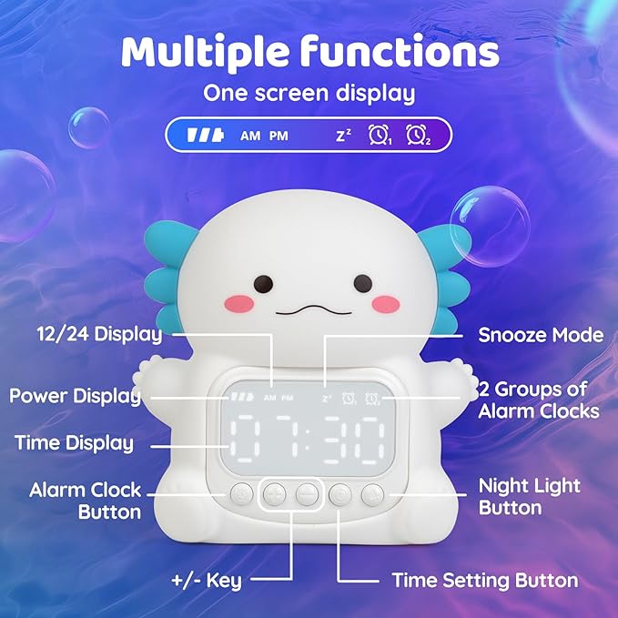 Axolotl Alarm Clock with Night Light for Kids, Rechargeable Silicone Lamp Time to Wake Clock Cute Animal Tabletop Lamp, Perfect Sleep Companion for Boys Girls, White