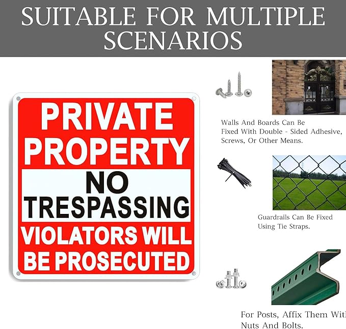 4 Pack Large No Trespassing Signs Private Property, 9.5 Inch x 9.5 Inch Private Property Metal Sign, Rust Resistant Aluminum, With Reflective Material, Durable, Weather Resistant, Easy To Install