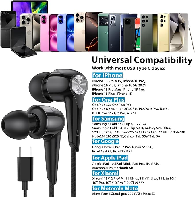USB C Earbuds Headphones with Mic for iPhone 17 16e 16 Pro Max 15 Plus, Type C Wired in-Ear Volume Control Noise Isolation Sport Headset for Samsung Galaxy S25 S24 iPad Air Pro Oneplus 13 Pixel 8 7 6