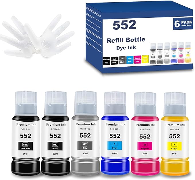 552 Ink Refill Bottles 6 Pack Replacement for Epson Ecotank Photo ET-8550 ET-8500 ET8550 ET8500 8550 8500 Printer, Compatible for T552 Dye Ink Black,Photo Black,Cyan, Magenta,Yellow, Gray