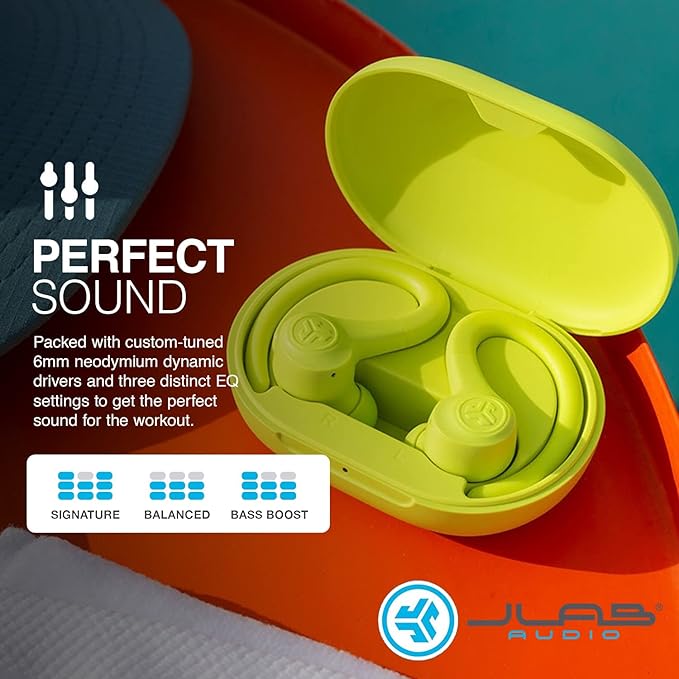 JLab Go Air Sport True Wireless Earbuds, Yellow, Featuring C3 Clear Calling, Secure Earhook Sport Design, 35+ Hour Bluetooth Playtime, and 3 EQ Sound Settings