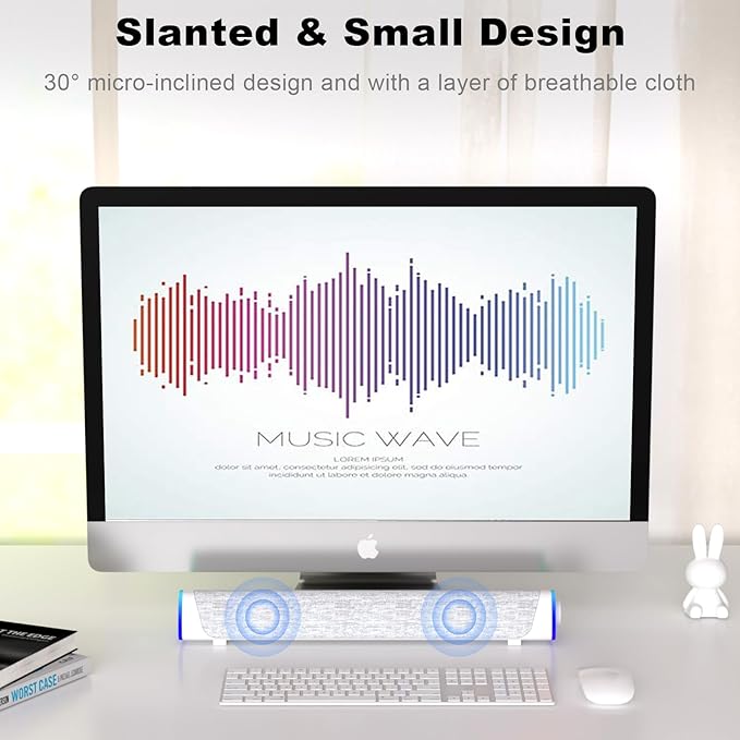 SOULION R30 Computer Speakers, USB Powered 3.5mm AUX Small PC Speakers, Colorful LED Lights with Switch Button, Surround Sound Portable Computer Sound Bar Speaker for Desktop Laptop White