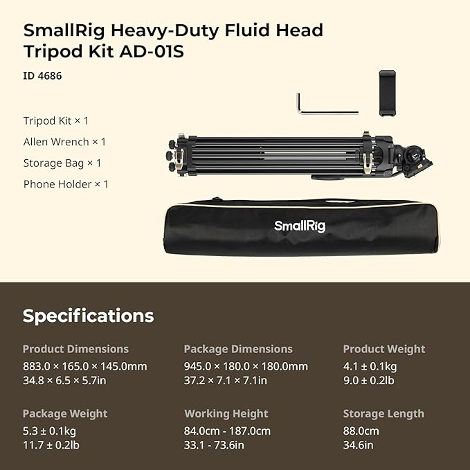 SmallRig AD-01S Video Tripod, 74" Heavy Duty Tripod with Pan and Tilt Fluid Head, Dual-Mode Quick Release Plate, Load up to 13.2lb / 6kg for DSLR, Camcorder, Cameras