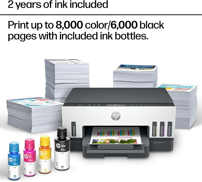 HP Smart Tank 7001 Wireless All-in-One Ink Tank Printer, Scanner, Copier with 2 years of ink included, Best-for-home office, Refillable, AI-enabled (28B49A)