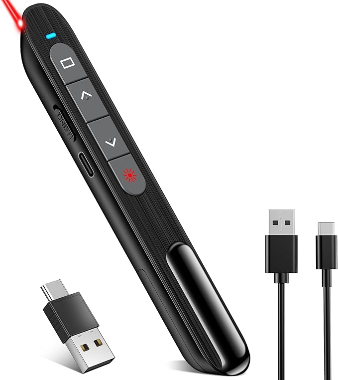 2-in-1 USB Type C Presentation Clicker with Red Light Pointer, Rechargeable Wireless Clicker for Powerpoint Presentations Support Hyperlink Volume Control, Presentation Remote for Mac Windows Keynote