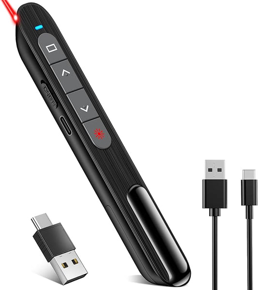 2-in-1 USB Type C Presentation Clicker with Red Light Pointer, Rechargeable Wireless Clicker for Powerpoint Presentations Support Hyperlink Volume Control, Presentation Remote for Mac Windows Keynote