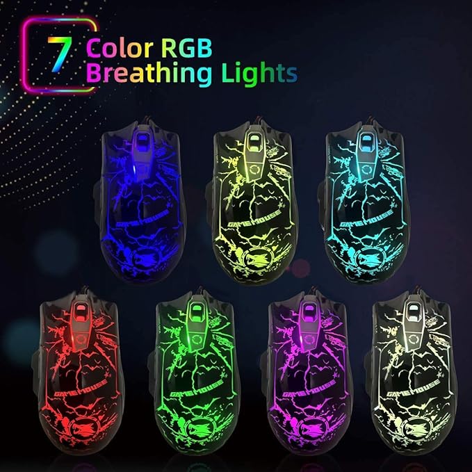 RGB Light up Wired Gaming Mouse M728 for Computer - Durable USB Led Laptop Mice w/7 Color Backlit, 4 Adjust DPI Up to 3200 for Gaming, Silent & Stable PC Corded Mouse for Mac MacBook Windows Linux PS4