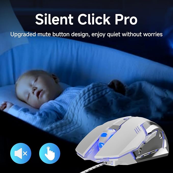 EWEADN G3 Wired Gaming Mouse, 2400 DPI Wired Optical Mouse with 6 Programmable Macro Buttons, Metal Base, 4-Color Breathing Light for PC/Laptop/Windows-White