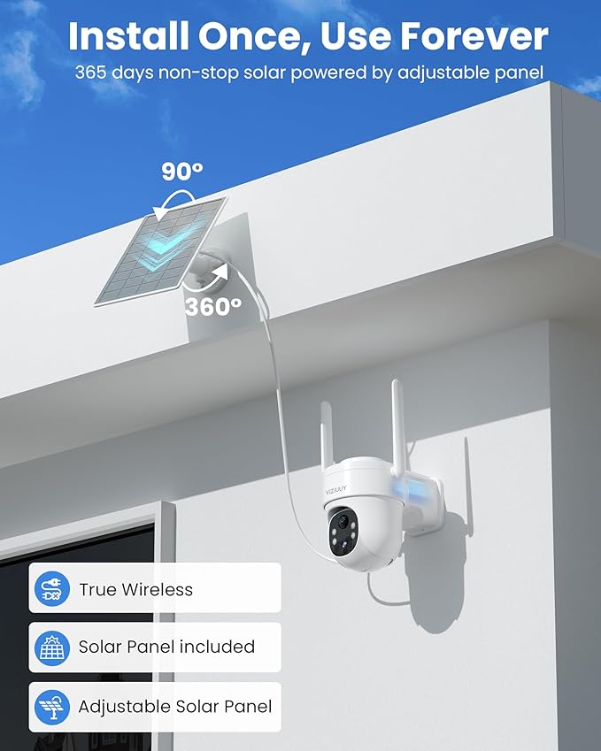 Solar Security Cameras Wireless Outdoor, 2 Pack 3MP Security Cameras Wireless Outdoor, Pan Tilt 360°WiFi Camera with Color Night Vision/PIR Sensor/2-Way Audio/Alexa/Google Assistant