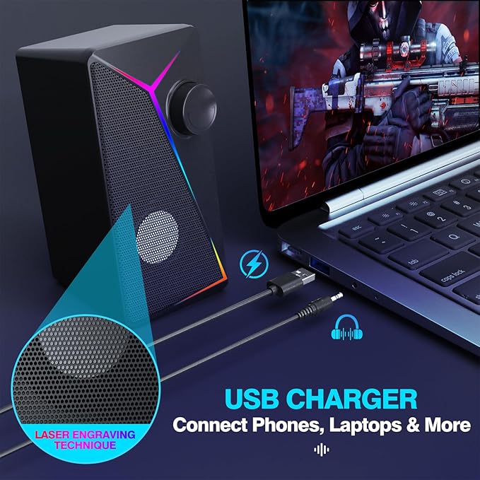 Computer Speakers for Desktop PC, USB-Powered Gaming Speakers for Laptop – Multi Colorful LED Backlight Modes, Stereo Sound for Gamers Music Movies, Indoor & Outdoor Use, 3.5mm AUX Cable