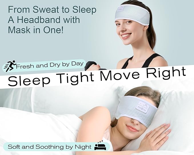 MUSICOZY Sleep Headphones Bluetooth 5.4 Headband, Wireless Earphones Sweat Resistant Earbuds with Ultra-Thin HD Stereo Speaker for Workout Running(White Green)