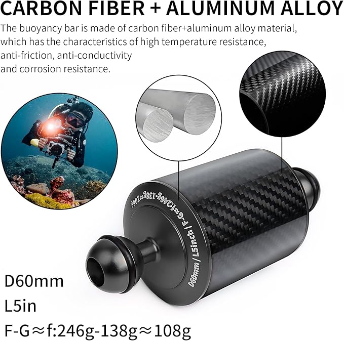 Black 5" Carbon Fiber Underwater Float Arm (2-Pack) - Ultralight Dual 1" Ball Buoyancy System for Diving Tray Video Lights & Strobes