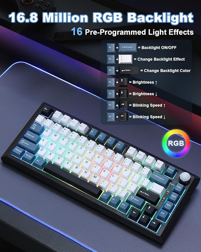 Y75 Wireless Mechanical Keyboard,75% Wireless Gasket RGB Gaming Keyboard,PBT Keycaps,2.4GHz/USB-C/BT5.0 Creamy Keyboard with Knob(Black&Blue,Milk Switch)