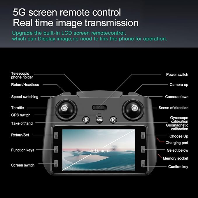 Drone with Camera 4k, GPS HD Drones for Adults, Remote Controller with Screen, Obstacle Avoidance, Brushless Motor FPV, 5G Transmission, 2 Battery, Professional (2 Battery+Black)