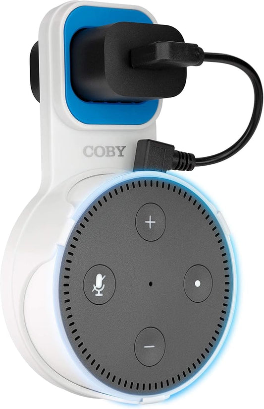 Coby Speaker Wall Mount for 2nd-Generation Echo Dot Voice Assistant, Holder for Smart Home Voice-Controlled Speaker with 7.75-Inch Charging Cable for Bedroom, Kitchen, Office, or Bathroom, White
