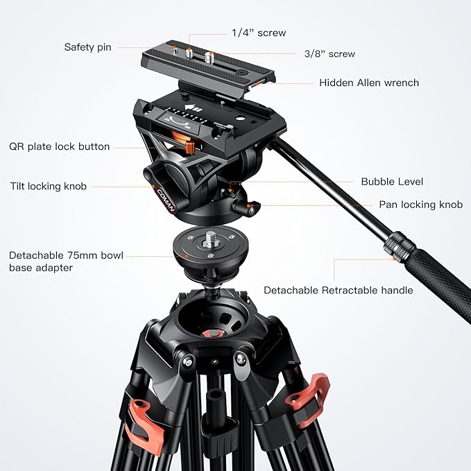 COMAN Camera Tripod, Heavy Duty Tripod for Camera with 72" Aluminium and 360 Degree Fluid Head for Canon Nikon DSLR Camcorder Video Shooting