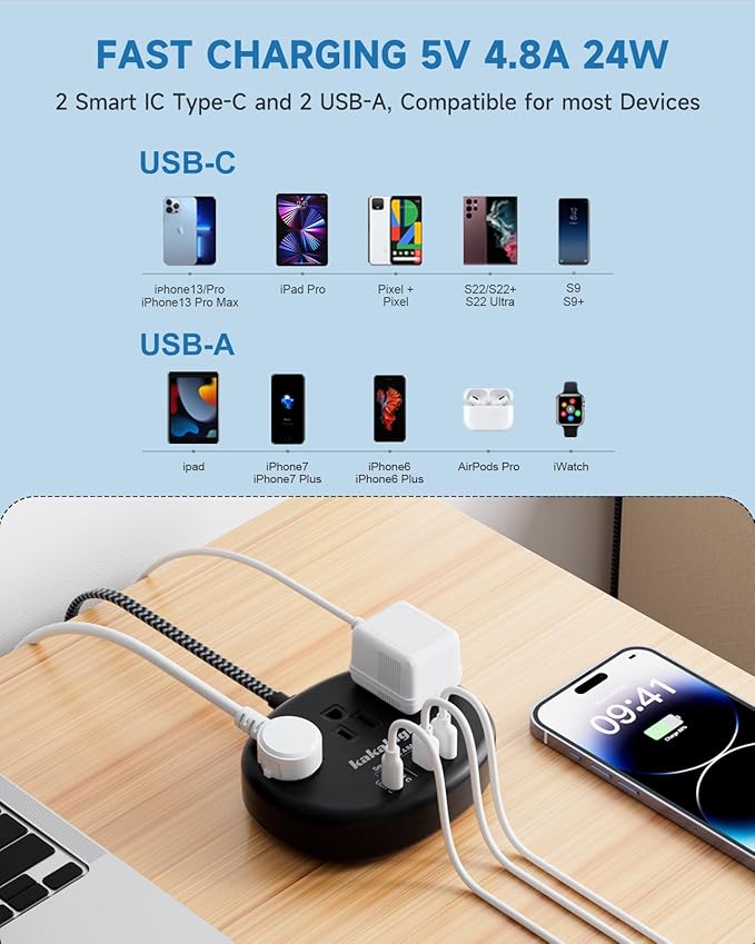 Black Extension Cord 10 Feet, 1625W Extension Cord 3 Prong with 3 AC Outlet 4 USB (24W/4.8A), Bedside Charging Station for Home, Office and Dorm