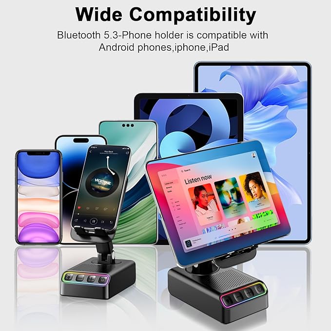 Adjustable Cell Phone Stand with Wireless Induction Bluetooth Speaker, HD Surround Sound for Home and Outdoors, Compatible with iPhone/iPad/Samsung Galaxy, Popular Gifts for Men Women Dad Mom