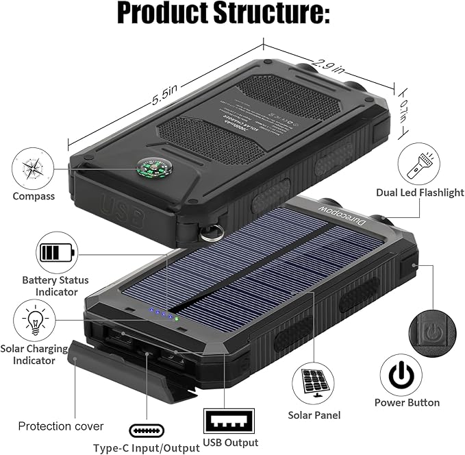 Solar Charger Power Bank, 20000mAh Portable Outdoor Waterproof Solar Battery Charger, Camping External Backup Battery Pack USB C Ports Input/Output, 2 Led Light Flashlight with Compass (Black)