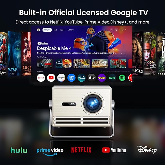 2000 ANSI Official Licensed Google TV Outdoor Projector 4K Full HD, Smart Projector with Wifi and Bluetooth, Auto Focus, Dolby Sound, Built-in Apps, Indoor Home Theater for Phone/TV Stick/PC/PS5-Gold