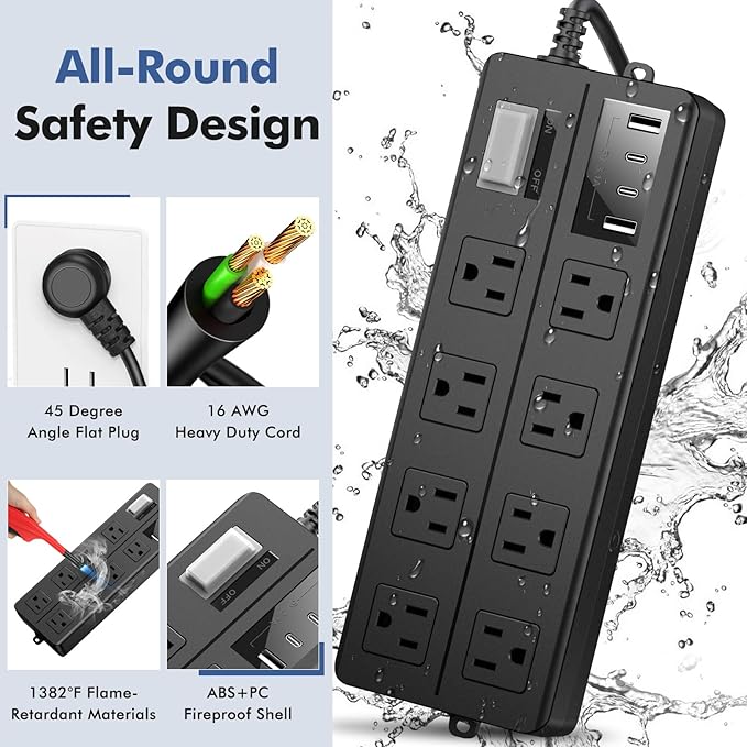 VNJ Outdoor Power Strip with 8AC Outlets + 4USB Ports, IPX6 Waterproof Surge Protector, Safety Lock Design and ETL-Certified Cables, 15FT Extension Cord for Home, Garden, and Commercial Use