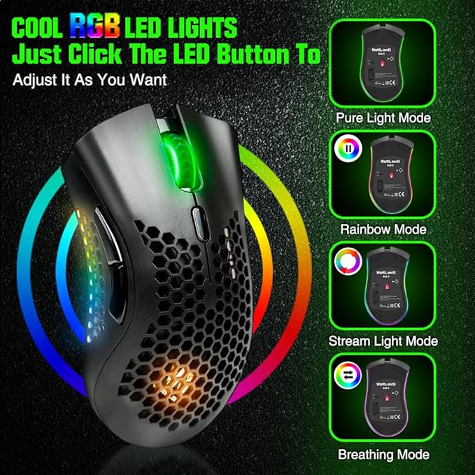 KM-1 Gaming Mouse, Wireless Mouse Gaming Computer Mice USB with Honeycomb Shell, 6 Programmed Buttons, 3 Adjustable DPI, Ergonomic RGB Optical Mouse for PC Mac Laptop