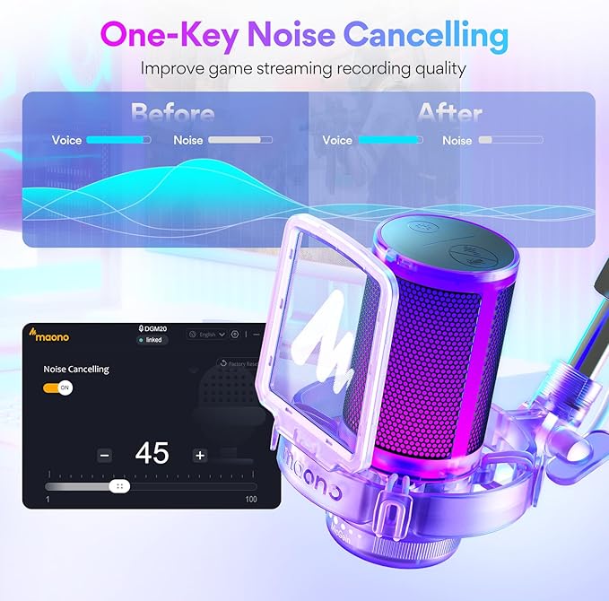 MAONO USB Gaming Microphone with Noise Cancellation, RGB Condenser Microphone for Streaming, Podcasts, Twitch, YouTube, Discord, PC, Computer, Mac, PS4, PS5, DGM20S Purple
