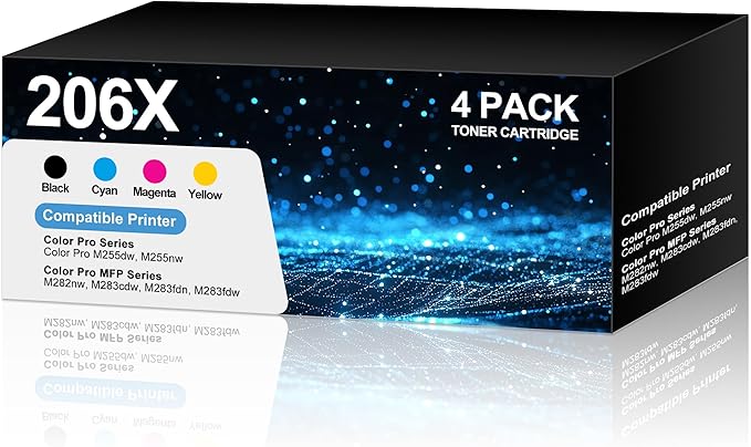 206X Toner Cartridge with Chip Compatible for HP 206X 206A W2110X W2111X W2112X W2113X High Yield with Laser Jet Color Pro M255dw M255nw, MFP M282nw M283cdw M283fdn M283fdw (Black Cyan Yellow Magenta)