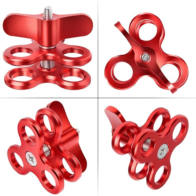 3-Hole 1" Aluminum Underwater Camera Clamp Ball Mount (2-Pack) - Underwater Bracket for Diving Light Arms & Camera Trays, Saltwater-Resistant Adapter for Scuba Photography/Videography Gear