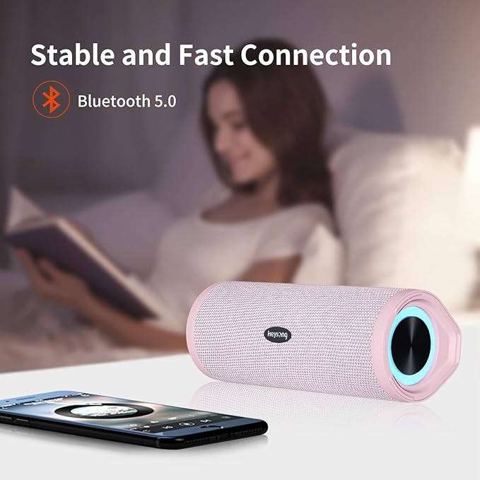 HEYSONG Portable Bluetooth Speaker, Waterproof Wireless Shower Speakers with Good Bass, IPX7 Floating, 5000mAh, TF Card, Loud Sound for Beach, Pool, Kayak Accessories, Gifts for Woman, Girl - Pink