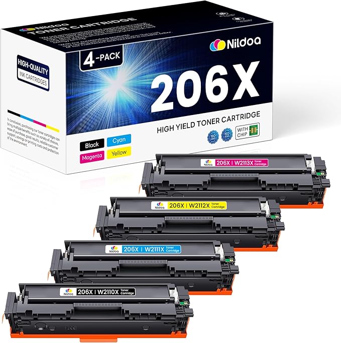 206X Toner Cartridges 4 Pack High Yield Set Replacement for HP 206X Black Cyan Yellow Magenta Color Pro M255dw M255nw; MFP M282nw M283cdw M283fdn M283fdw Ink Cartridges with Chip