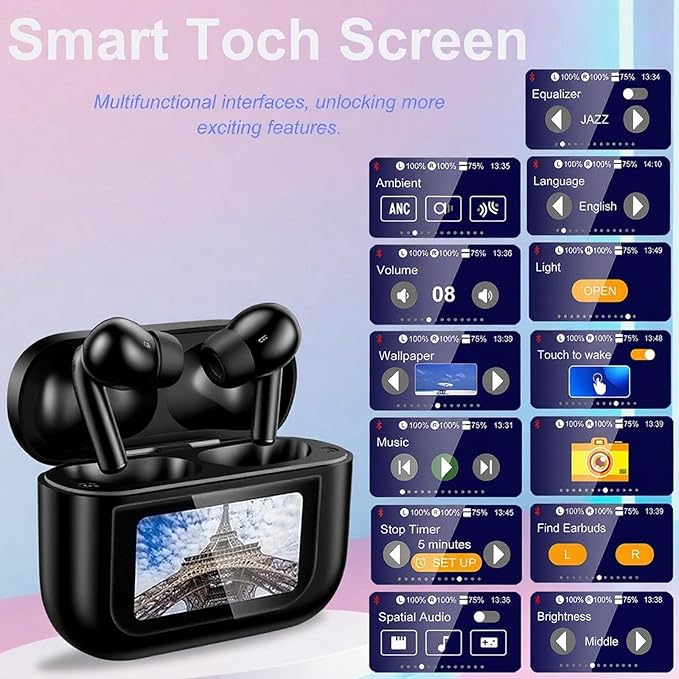 Wireless Earbuds, Earphones Wireless Bluetooth 5.4 In Ear Headphones, 40H Hifi Sound ANC Noise Canceling Earbuds, Touch Screen Ear Buds Multifunctional Headsets for Android/IOS Work Gym Sports (Black)