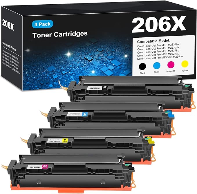 206X Toner Cartridges M283fdw M283cdw for HP 206X 206A Toner Cartridges 4 Pack, HP206A HP206X 206 Toner Cartridge Set for Color Laserjet Pro MFP M255dw M283cdw M283fdw M283fdn M282nw M255nw Cartridge