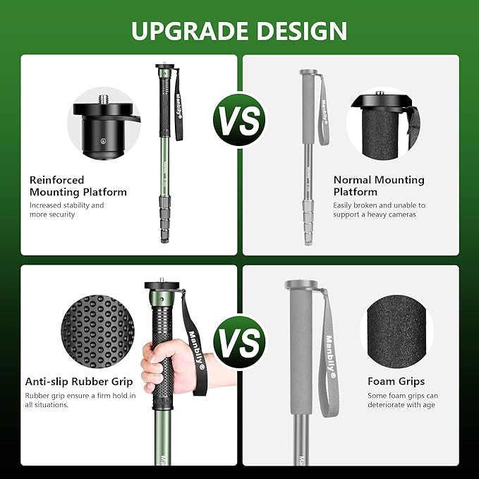 Manbily 65-Inch Camera Monopod, 5 Sections Aluminum Travel Monopod for Canon Nikon Sony DSLR Cameras Video Camcorder, Compact Portable Lightweight（E-222） (Green)