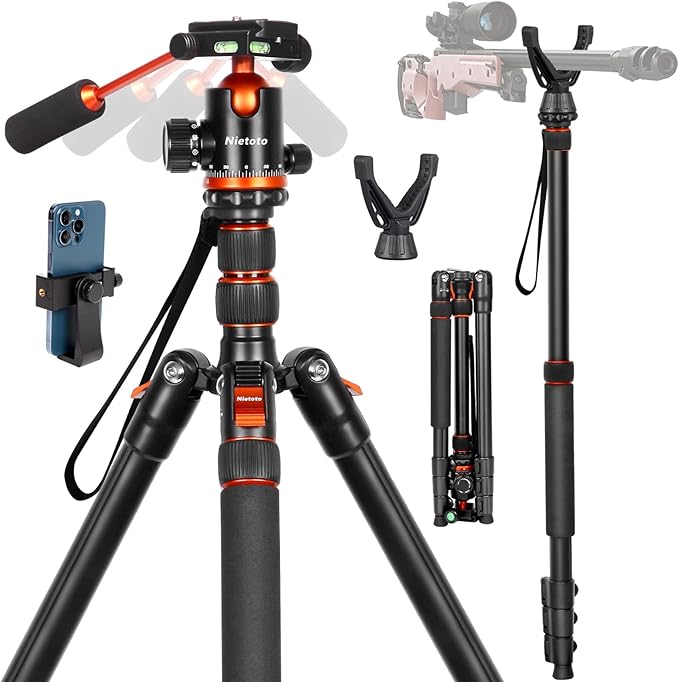2 in1 Tripod for Camera & Hunting Tripods, 68" Camera Tripods & Monopods with Removable Handle, Aluminum Rifle Tripod & Shooting Stand, Heavy Duty Tripods for DSLR,Canon,Nikon,Sony, Extra Carry Bag