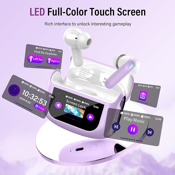 Wireless Earbuds, Bluetooth 5.4 Ear Buds with Multifunctional Touch Screen, 48H Bass Stereo Headphones with ANC/ENC Noise Cancelling/Transparency Mode, IPX7 Earphones with 5 EQ Modes, Purple